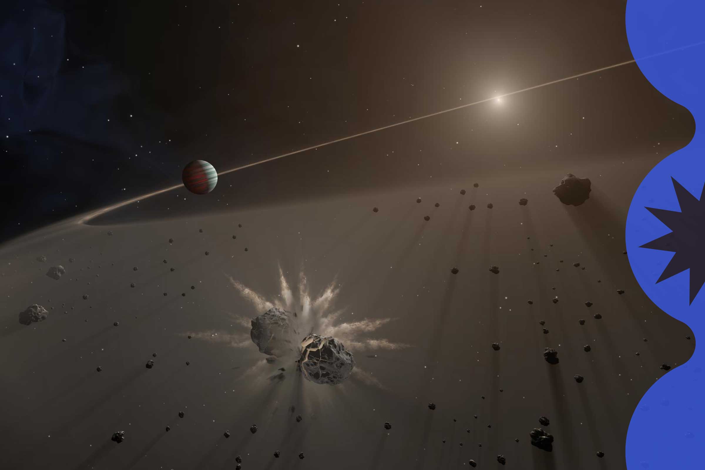Artist's rendering of a giant exoplanet causing small bodies to collide in a disk of dust. Credit: NASA/JPL-Caltech