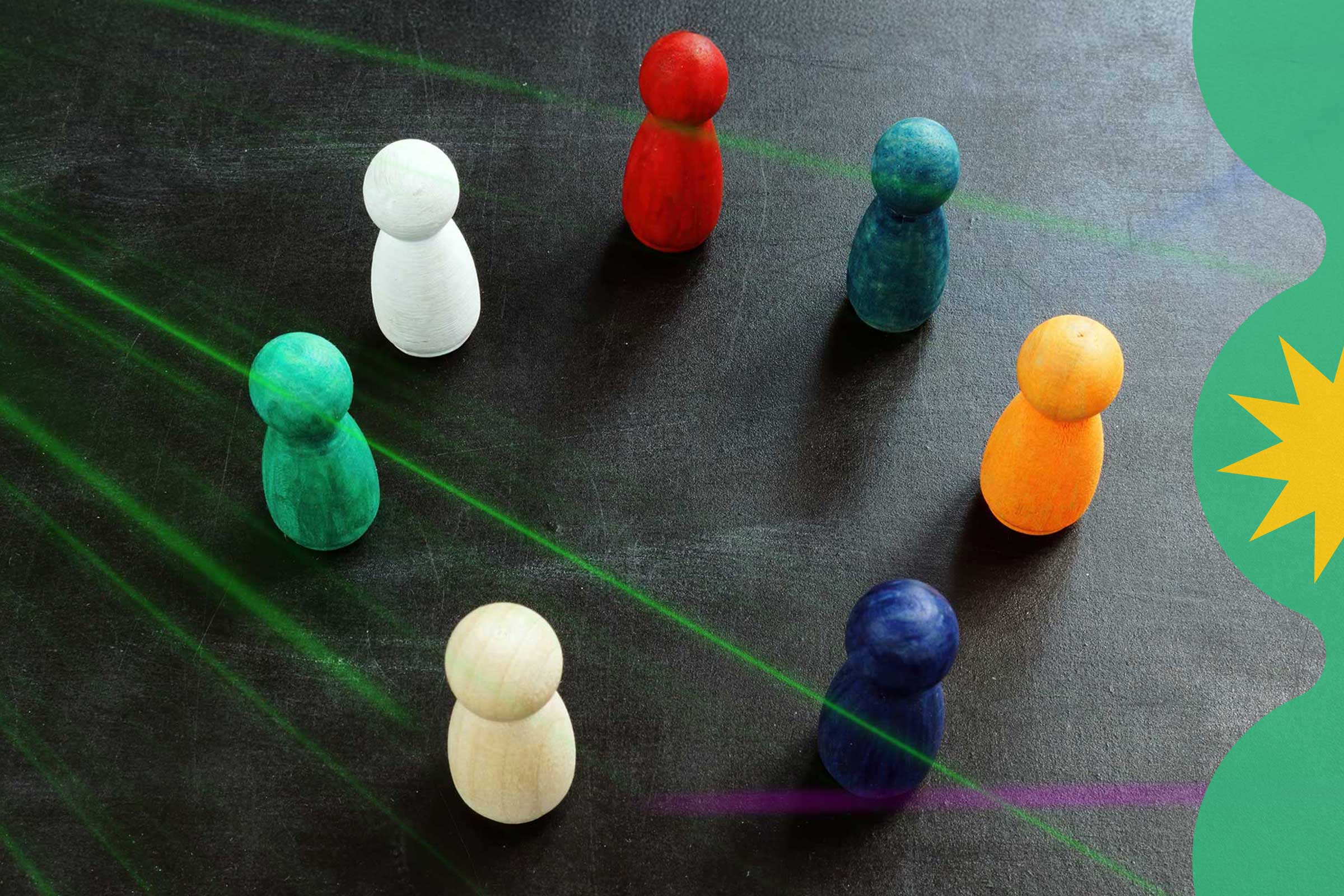 Seven pegs of differing colors sit in a circle