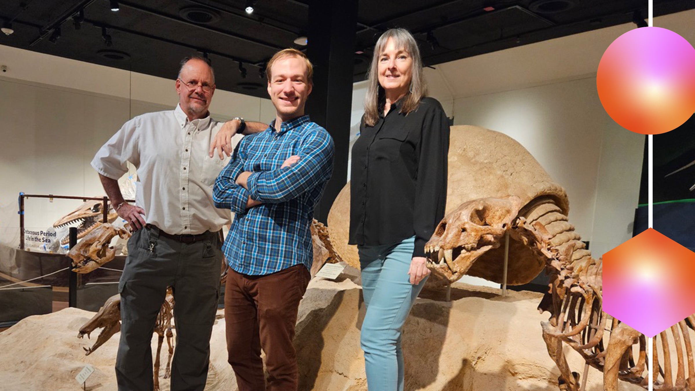Paleontologists Pamela R. Owen, PhD, Liam Norris, PhD, and Steve Wick, MS.